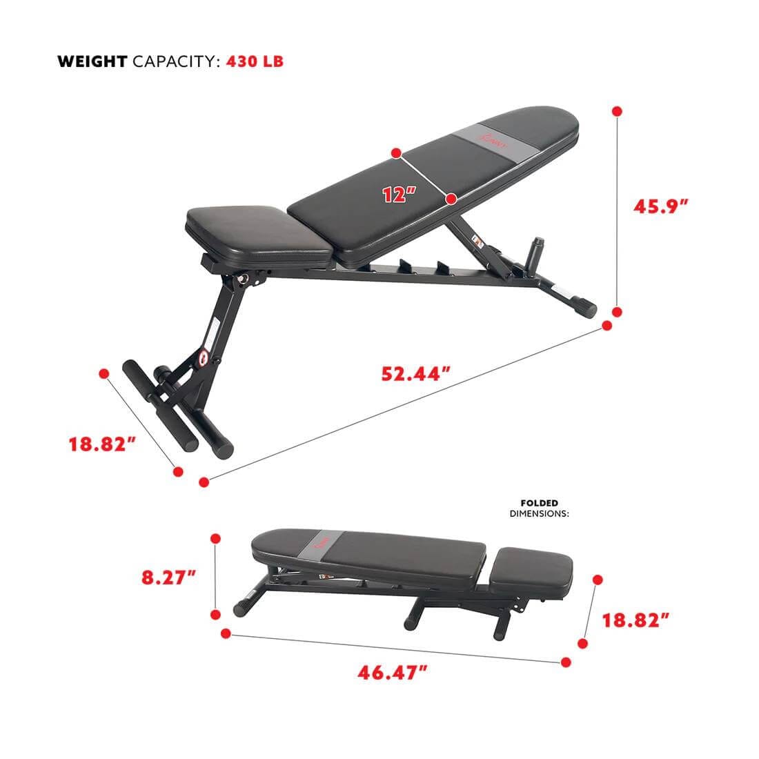 Sunny Health & Fitness Adjustable Gym Bench-Versatile Workout Bench-Heavy-Duty,Black,52.44x18.82x45.9