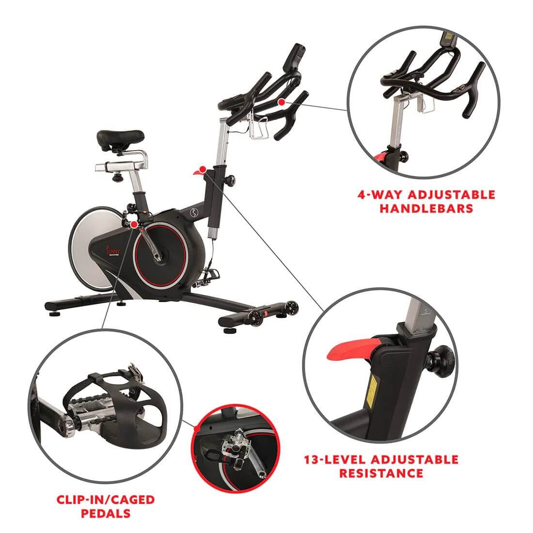 Sunny Health & Fitness Cardio Cycle Bike-Magnetic Exercise Bicycle-13-Level Resistance-Black, 53.2x 23.6x54.3