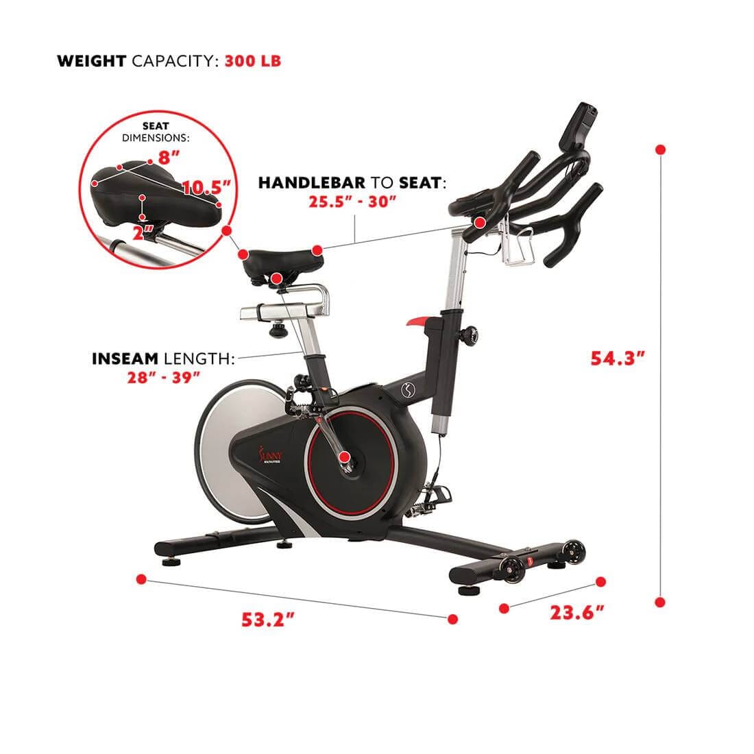 Sunny Health & Fitness Cardio Cycle Bike-Magnetic Exercise Bicycle-13-Level Resistance-Black, 53.2x 23.6x54.3