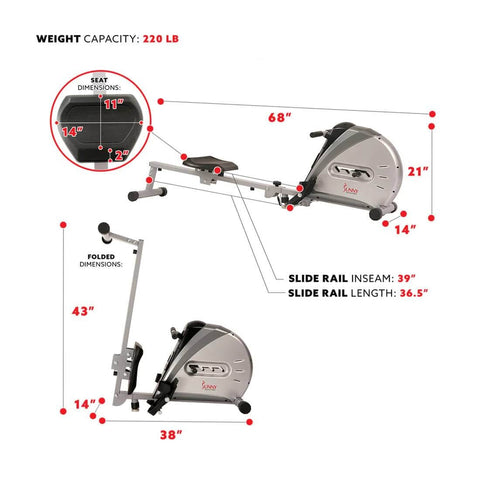 Sunny Health & Fitness Bungee Rower-Ultra-Quiet Rowing Machine-Adjustable Resistance-68x14x21