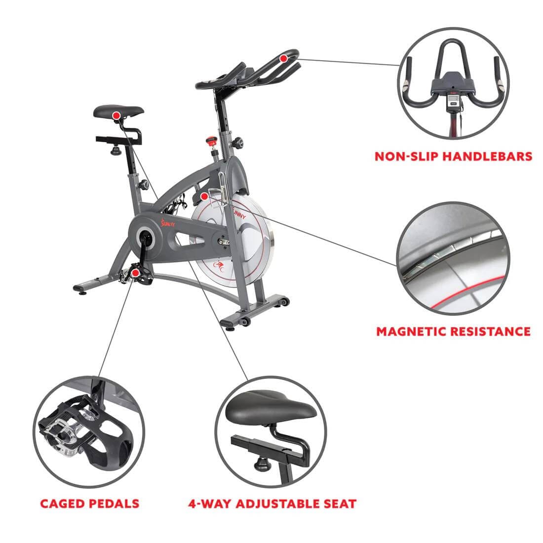 Sunny Health & Fitness Endurance Magnetic Indoor Cycling Bike-Durable Cardio Workout-48.8x20.1x48.6