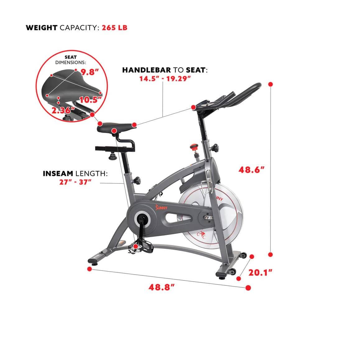 Sunny Health & Fitness Endurance Magnetic Indoor Cycling Bike-Durable Cardio Workout-48.8x20.1x48.6