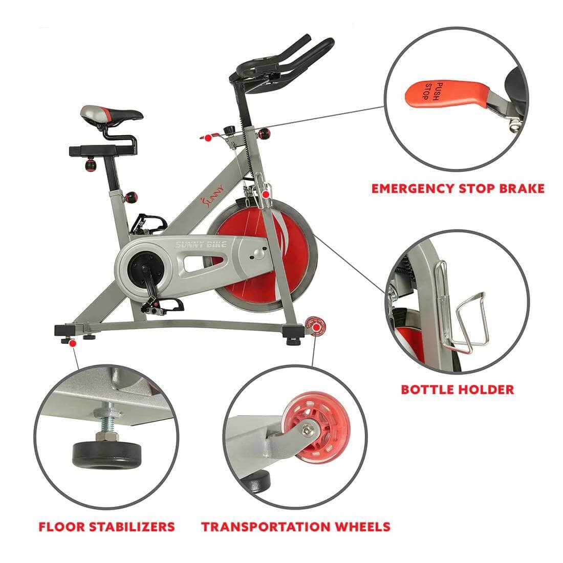 Sunny Health Fitness Pro II Indoor Cycling Bike - Silent Belt Drive-Adjustable Seat-Black-49.5x20x49 in