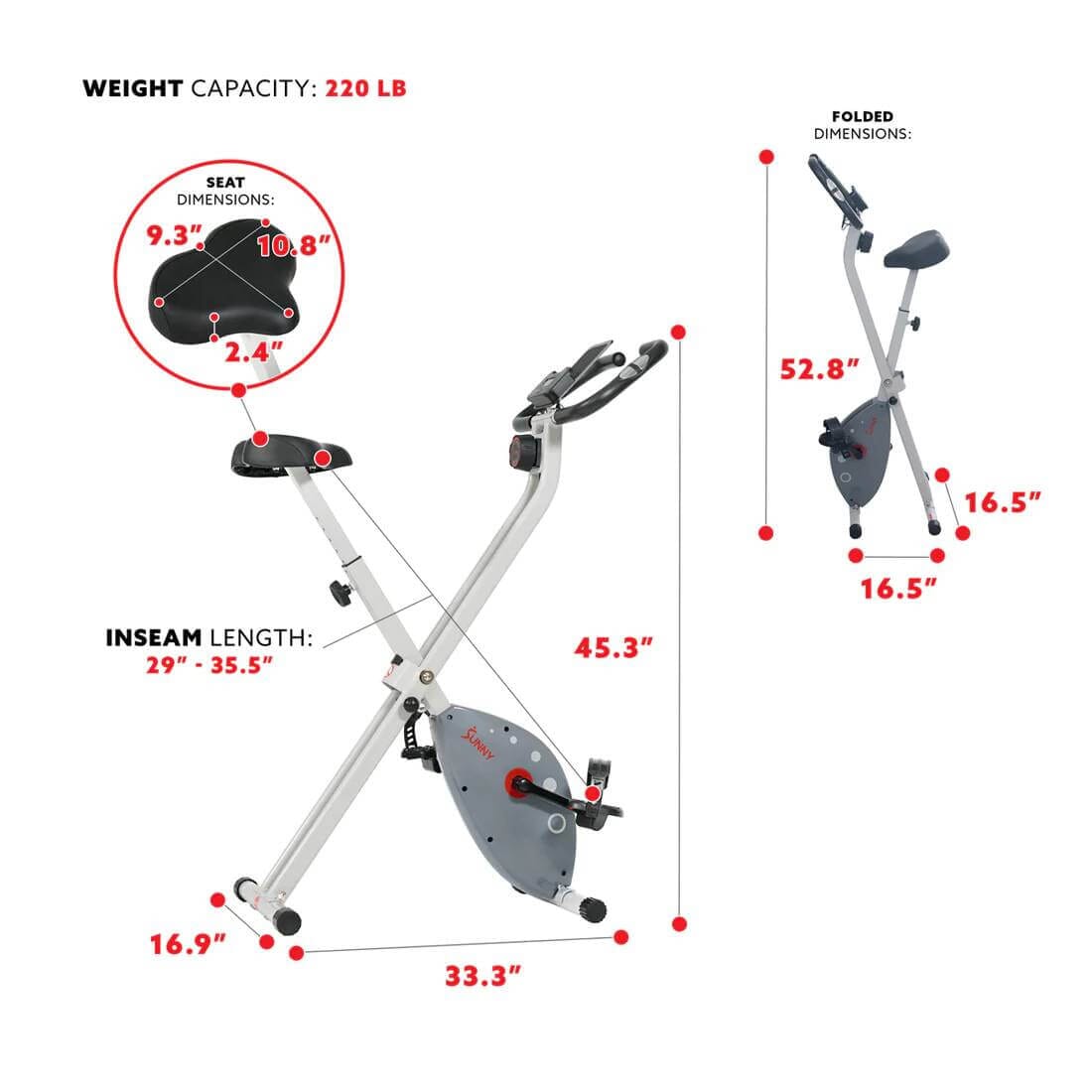 Sunny Health Fitness Compact Exercise Bike - Foldable Magnetic Resistance - Black -33x17x45