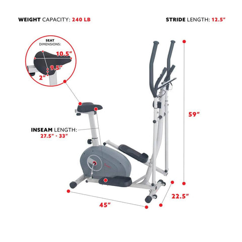 Sunny Health 2in1 Magnetic Elliptical Upright Bike-Versatile Cardio Machine-Quiet Drive-Black-45x22.5x59