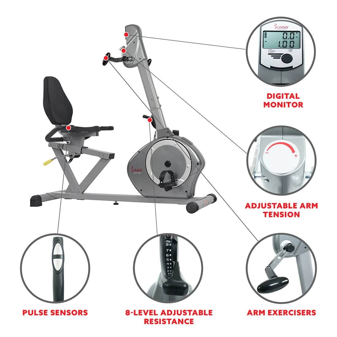 Sunny Health Fitness Magnetic Exercise Bike -Versatile Recumbent Cycle-Black-51x25Wx52.5