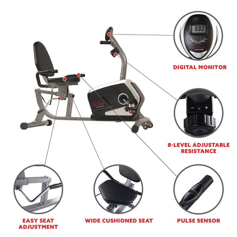 Sunny Health Fitness Magnetic Recumbent Bike - 300 lb Capacity - Black/Grey -46Lx24.5x38
