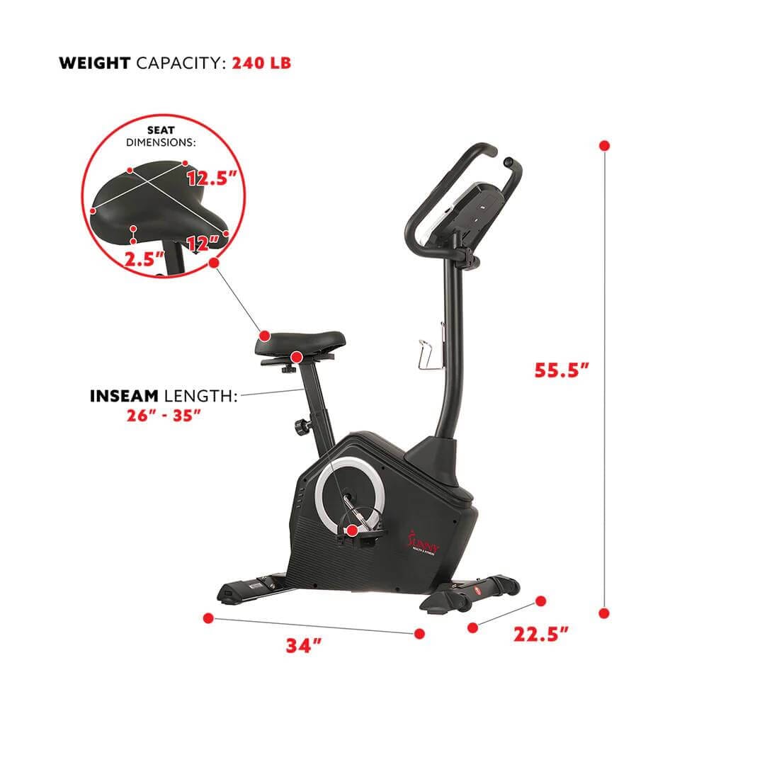 Sunny Health Fitness Programmable Upright Exercise Bike - Magnetic Cycle - Black -34x22.5x55.5 in