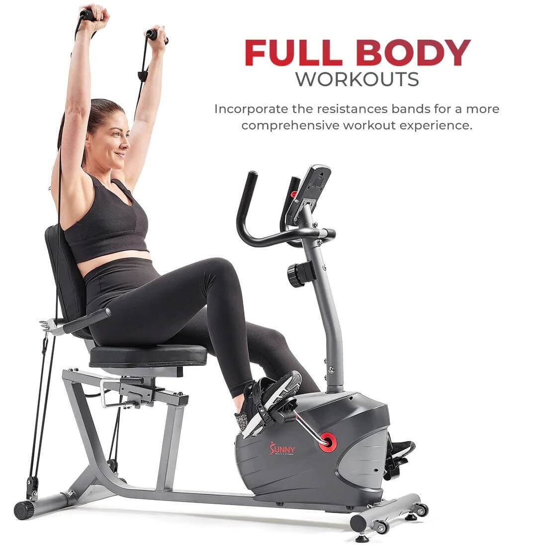 Sunny Health Fitness Interactive Recumbent Bike - Advanced Cardio Trainer - Full Body Workout
