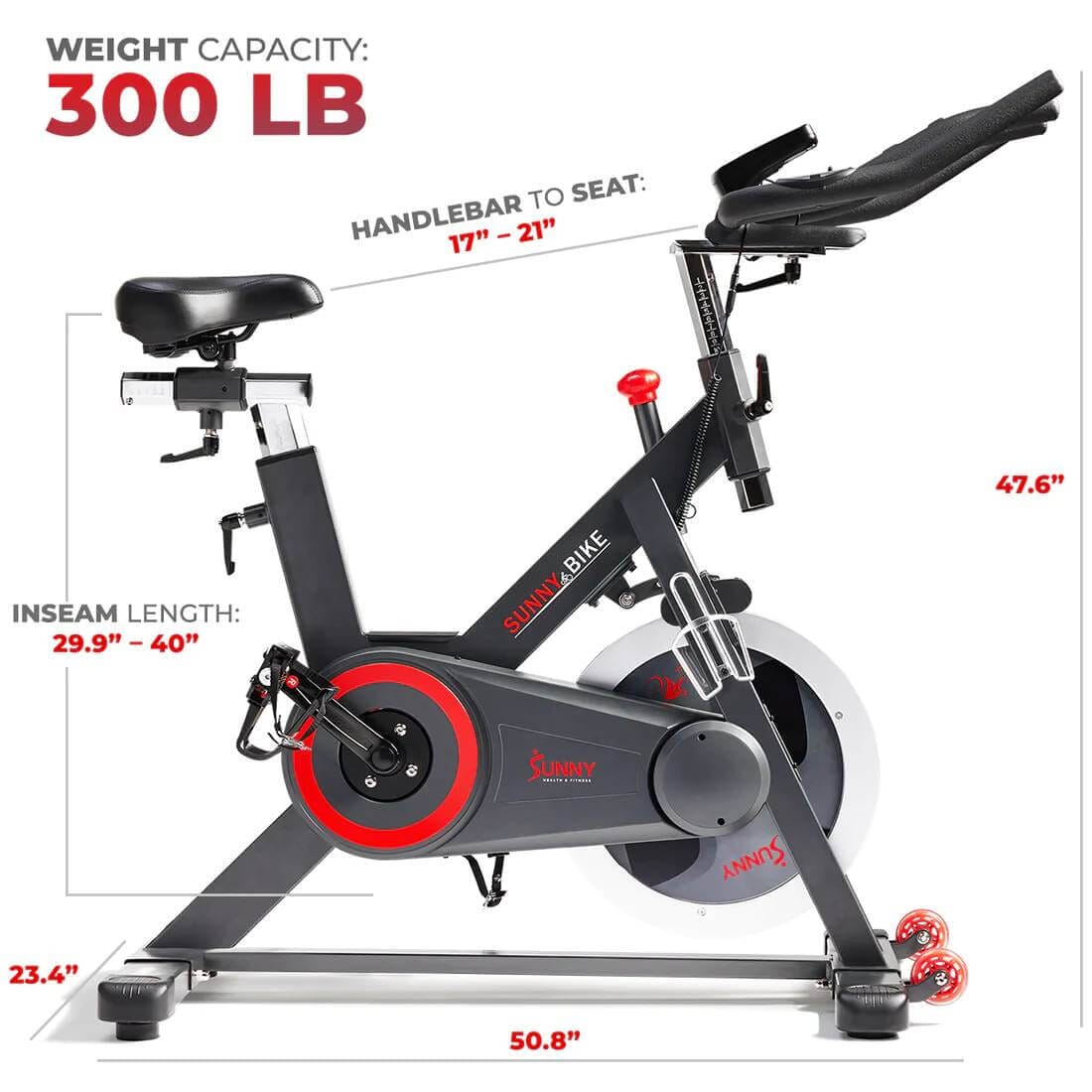 Sunny Health Fitness Premium Smart Indoor Cycle - Cardio Bike - Black -50.8x23.4x47.6