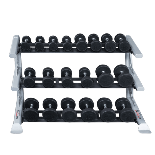 Body Solid Pro 3-Tier Dumbbell Rack - Efficient Curved Storage - Gray - 5-50lb Dumbbells - Organized Display