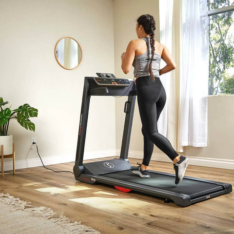 Sunny Health Fitness Smart Strider Treadmill - Wide Running Machine-Low Profile-Black-62.6x29.3x47.6 in