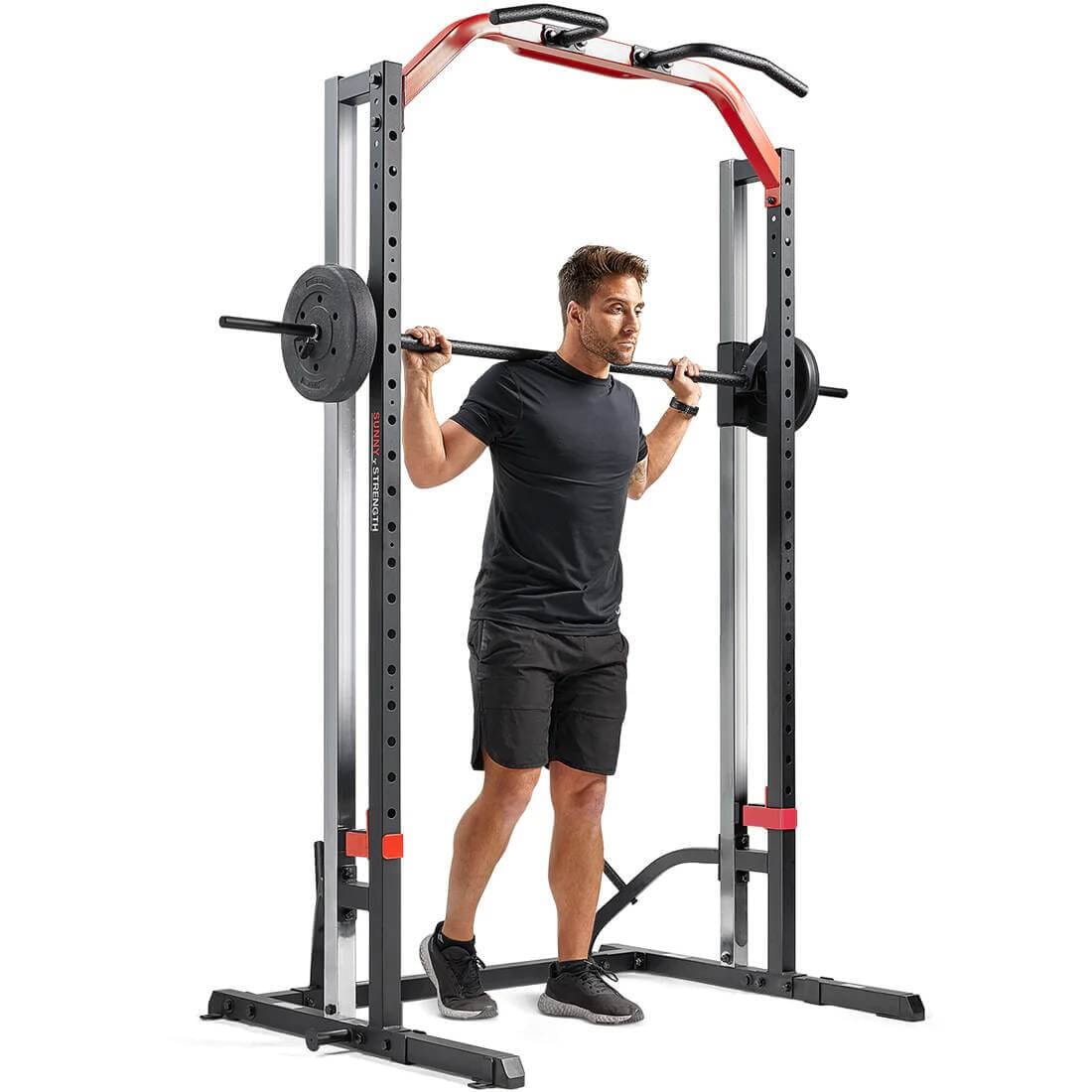 Sunny Health Fitness Smith Machine Squat Rack - Heavy-Duty Power Cage-Adjustable-Black-43.1x74.3x88.6 in