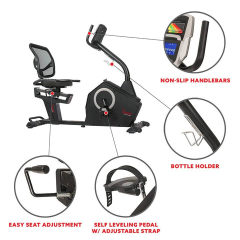 Sunny Health Fitness Recumbent Exercise Bike-Cardio Cycle-Comfortable & Adjustable-Black-59x26x47.5