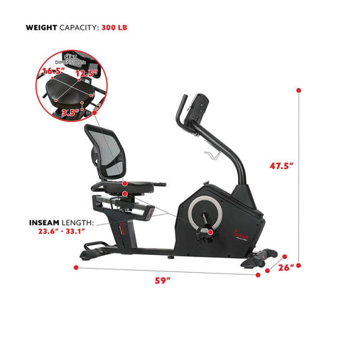 Sunny Health Fitness Recumbent Exercise Bike-Cardio Cycle-Comfortable & Adjustable-Black-59x26x47.5