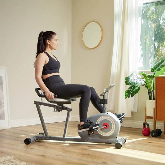Sunny Health Fitness Magnetic Smart Recumbent Bike - Cardio Workout-Multi-Color-Compact Size