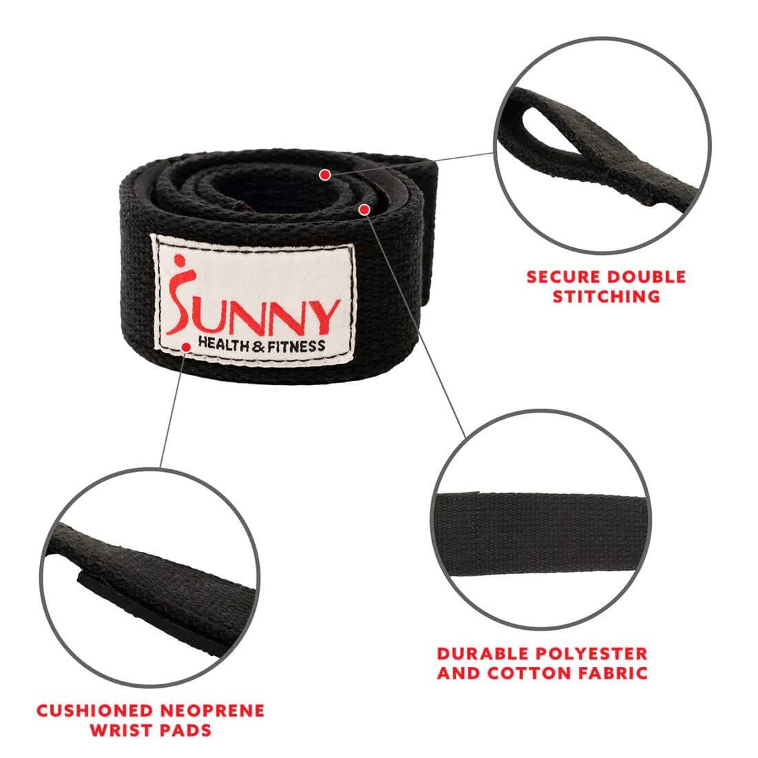 Sunny Health Fitness Heavy Lifting Straps - Sturdy Wrist Wraps - Strong Exercise Supports - Black