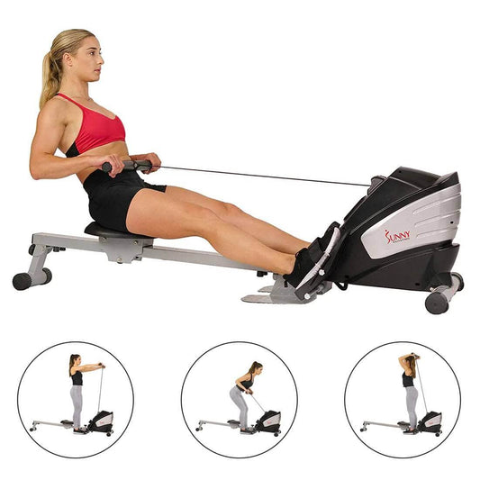 Sunny Health & Fitness Multi-Function Rowing Machine-Full-Body Workout-Adjustable Resistance-Black/Silver