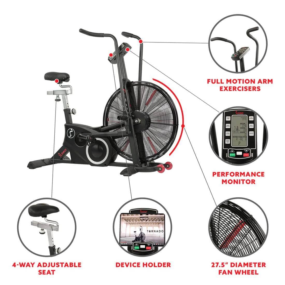 Sunny Health Fitness Tornado LX Air Bike - Heavy-Duty Exercise Cycle-Fan Resistance-Red-55x23.5x49 in