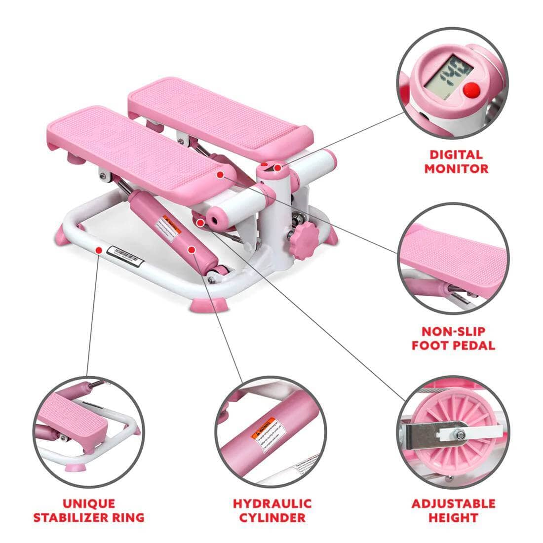 Sunny Health Fitness Pink Stepper - Stylish Stair Climber - Adjustable Height -Compact Design-16.3x13x13.6 in