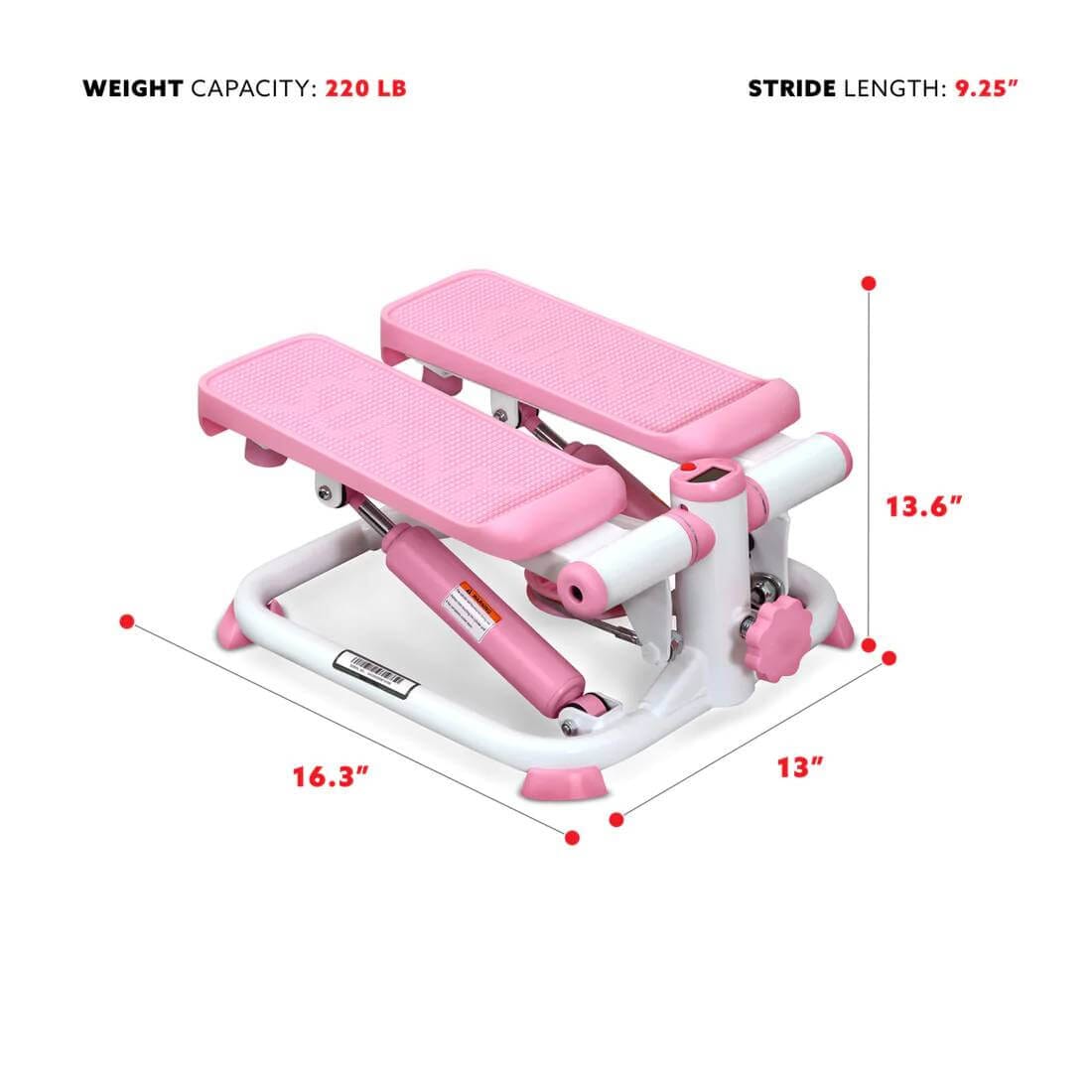 Sunny Health Fitness Pink Stepper - Stylish Stair Climber - Adjustable Height -Compact Design-16.3x13x13.6 in